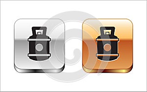 Black Propane gas tank icon isolated on white background. Flammable gas tank icon. Silver and gold square buttons