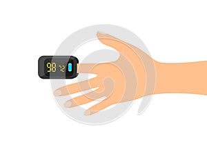 Black pulse oximeter on finger. Measurement of blood oxygen saturation and heart rate. Flat vector illustration