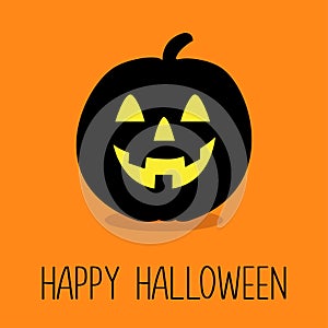 Black pumpkin. Happy Halloween. Creepy scary smiling face with yellow eyes. Cute cartoon kawaii funny baby character. Childish