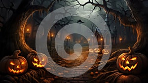 Black pumpkins silhouette halloween banner background with jack o lantern