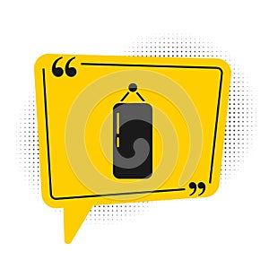 Black Punching bag icon isolated on white background. Yellow speech bubble symbol. Vector