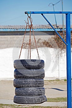 Black Punching bag from old car tires