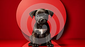 black puppy on isolated dark red background looking at camera