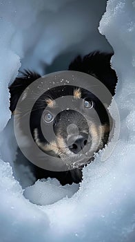 black puppy looking upside through snow