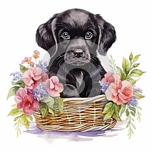 Black Puppy Sitting in Basket With Flowers