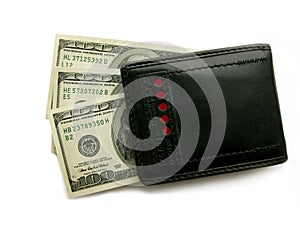 Black purse with dollars.