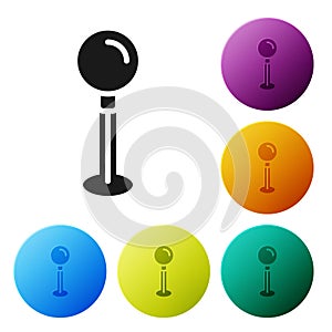 Black Push pin icon isolated on white background. Thumbtacks sign. Set icons in color circle buttons. Vector
