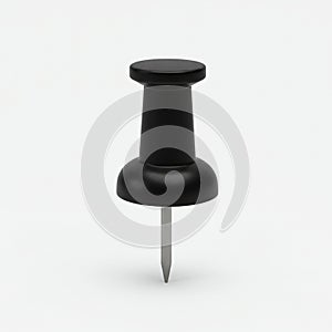 Black pushpin with a cylindrical plastic head and a sharp metal point. The head is