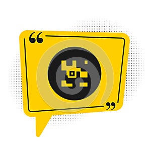 Black QR code sample for smartphone scanning icon isolated on white background. Yellow speech bubble symbol. Vector