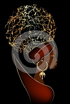 Black queen, portrait of African woman in Afro Curly hair, luxury golden earrings and turban. Vector illustration isolated