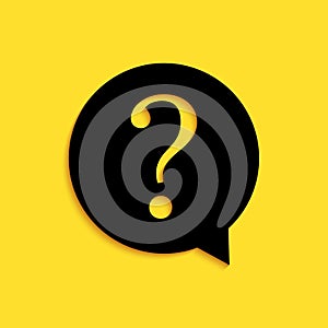 Black Question mark in circle icon isolated on yellow background. Hazard warning symbol. FAQ sign. Copy files, chat