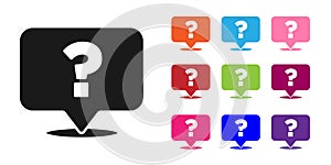 Black Question mark icon isolated on white background. FAQ sign. Copy files, chat speech bubble and chart. Set icons