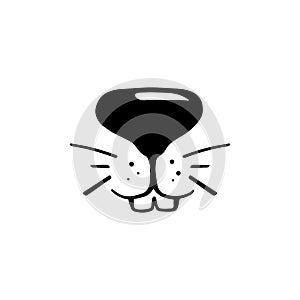 Black and while rabbit face vector illustration. Cute rabbit icon. Animal nose and teeth logo for veterinarian