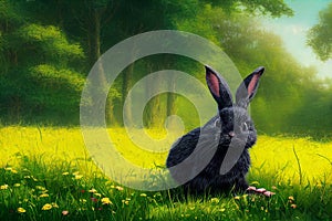 Black rabbit in the forest, in the wild. Illustration for advertising, cartoons, games, print media. My collection of animals