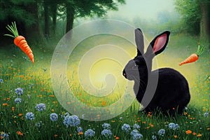 Black rabbit in the forest, in the wild. Illustration for advertising, cartoons, games, print media. My collection of animals