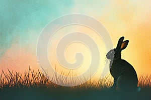 A black rabbit is happily sitting in the grass at sunset