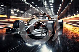 black racing car is moving fast on formula One track