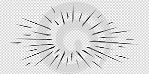 Black radial lines. Boom, burst, explosion, flash rays effect in manga comic book. Surprise, attention, impact