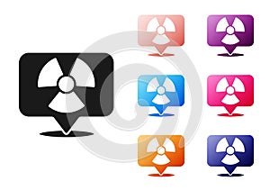 Black Radioactive in location icon isolated on white background. Radioactive toxic symbol. Radiation Hazard sign. Set