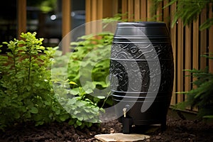 Black rain barrel sitting outside. Generate ai