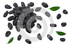 black raisins isolated on white background. top view