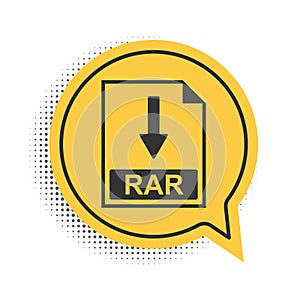 Black RAR file document icon. Download RAR button icon isolated on white background. Yellow speech bubble symbol. Vector