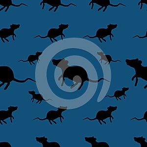 Black rat. Seamless vector pattern. Rodent on an isolated blue background. Silhouette. Peddler of plague and other diseases.