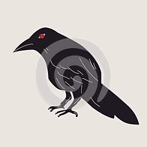 Black Raven or Crow bird. Side view. Cartoon style, flat design.