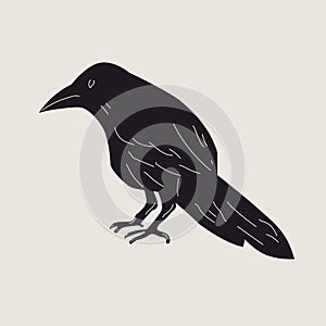 Black Raven or Crow bird. Side view. Cartoon style, flat design.