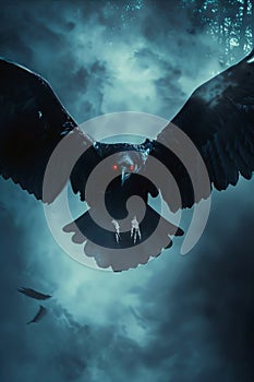 A black raven flying in the dark forest