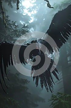 A black raven flying in the forest