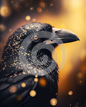 Black raven with golden sparkles on a dark background.
