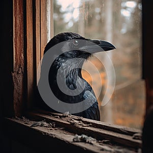 Black Raven looks into the window of a house, a photo of the head of a wild bird from the window, nature enters the house