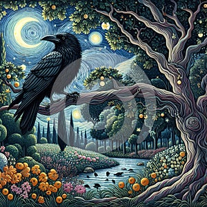 A black raven perches on a giant oak tree branch, with river, flowers, tree, moon, night, bold painting, stars