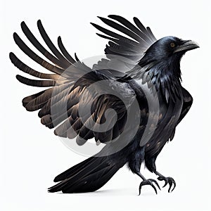 Black raven spread its wings isolated on white, close-up.