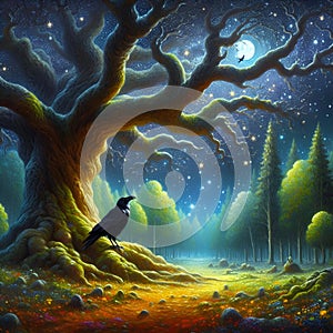 A black raven under a giant oak tree, beautiful forest, night view, sparkling stars, moonlit, oil painting