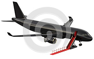 Black reactive private jet. White private-jet and open ladder, red carpet at the airpor. 3d rendering isometric photo