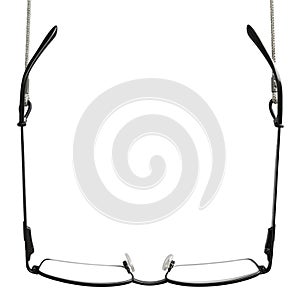 Black reading glasses, grey eyeglasses straps retainers, isolated hanging readers croakies, blank empty vertical copy space