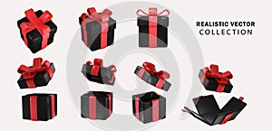 Black realistic 3d gift boxes with rad bow set. Holiday open surprise box. Realistic vector for Black Friday.