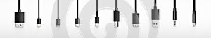 Black Realistic hdmi , 8-pin, micro usb, usb, Type C, type B mini jack 3.5, cable on White Background. 3d rendering