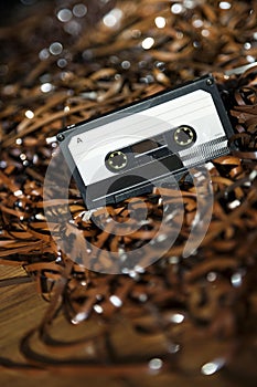 Blank Recordable Audio Cassette on Magnetic Tape - Selective Focus