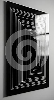 A black rectangular artwork features a series of white concentric rectangl