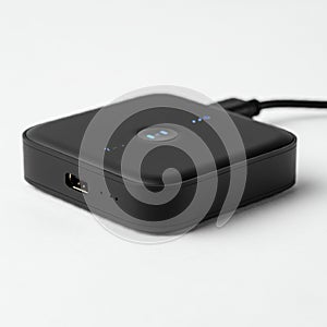 Black rectangular electronic device with rounded edges, featuring a central circular