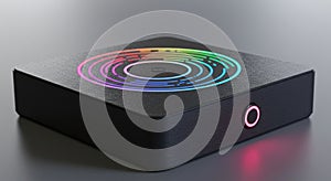 A black, rectangular electronic device with a sleek design, featuring a circular