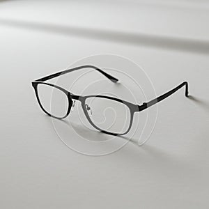 Black rectangular eyeglasses with thin frames rest on a smooth, white surface. The