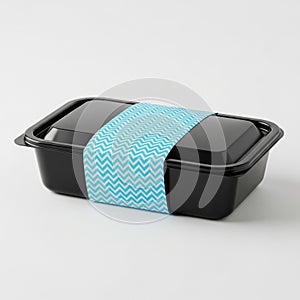 Black Rectangular Food Container with Blue Chevron Patterned Band on White Background takeaway box