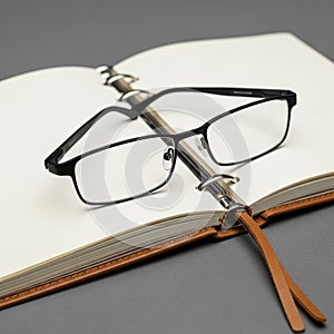 Black rectangular glasses rest on an open ring bound notebook