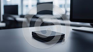 A black rectangular object sits on a black desk.