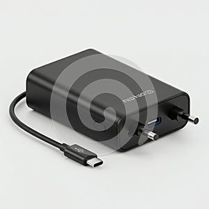 Black rectangular power adapter with a USB-C cable. The design features two prongs