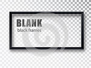 Black rectangular realistic empty picture frame on transparent background. Blank black picture frame mockup template